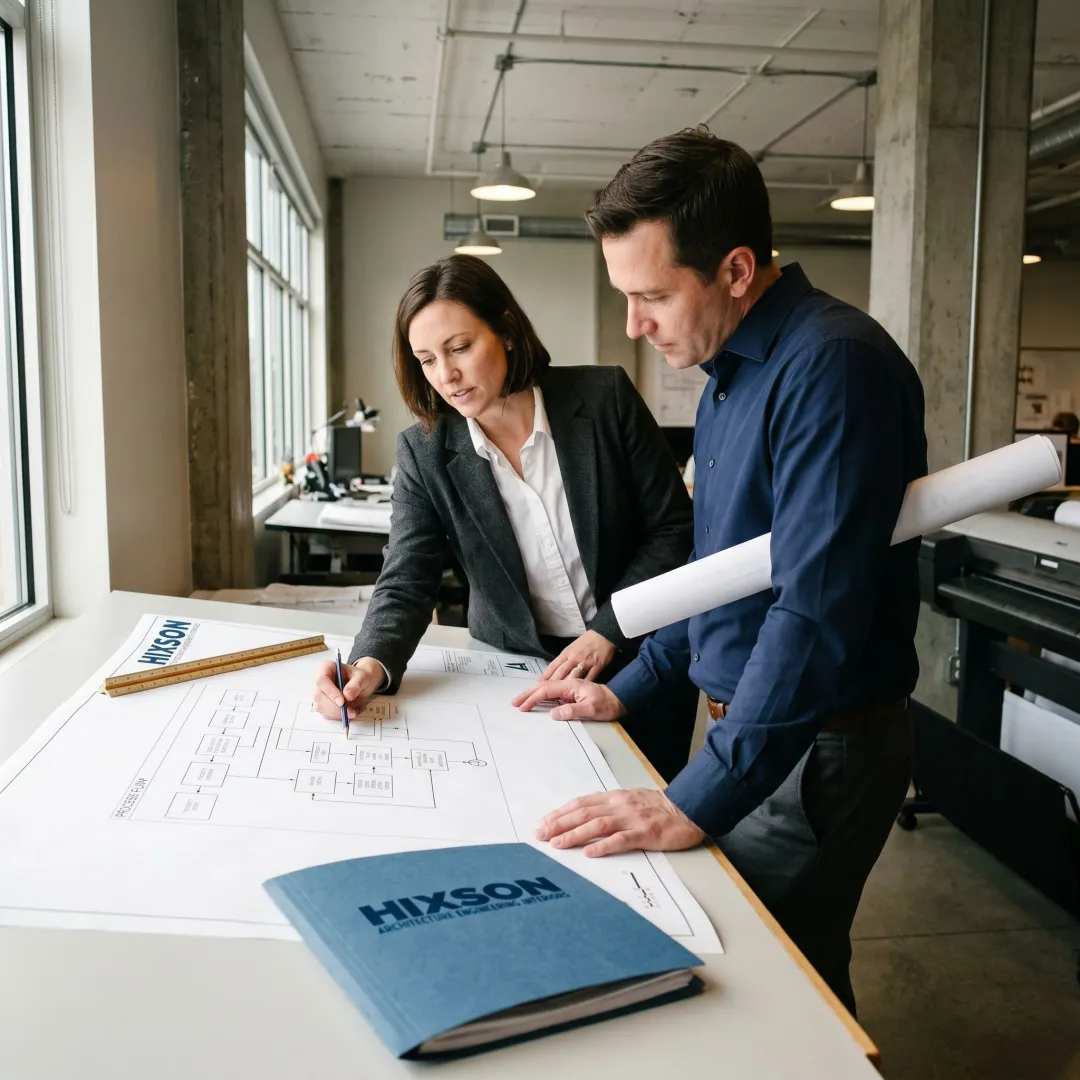 Engineers coordinating a manufacturing facility layout