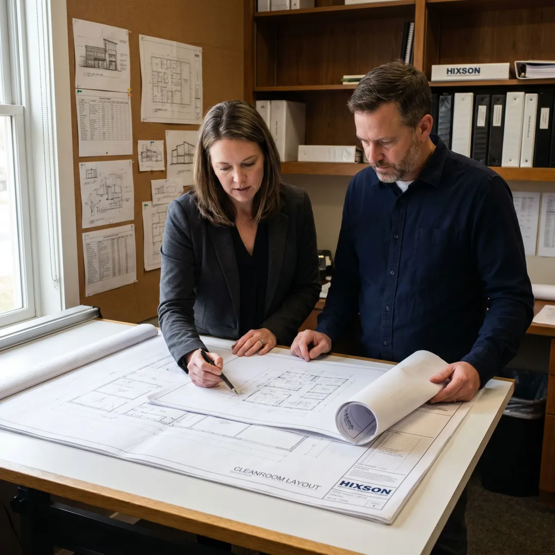 Facility design team reviewing laboratory plans