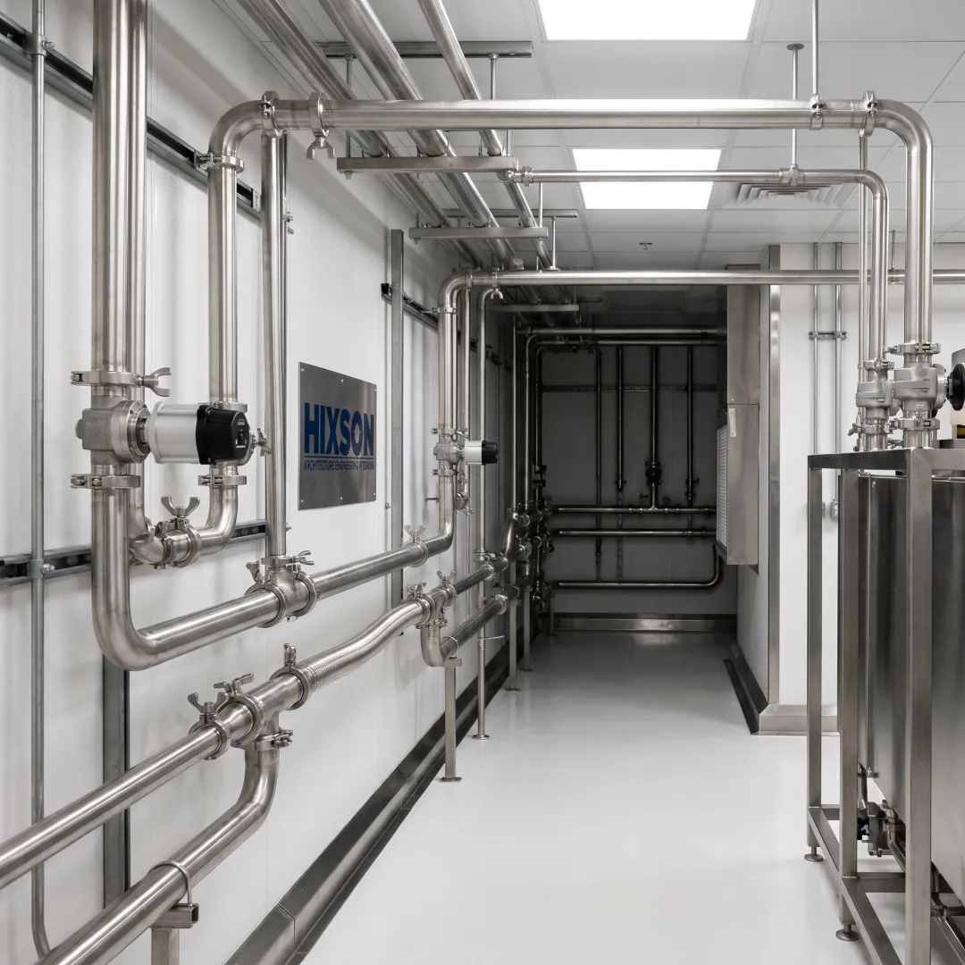 Sanitary stainless steel piping in a processing facility