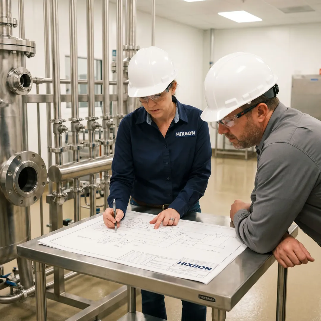 Engineer reviewing sanitary piping plans