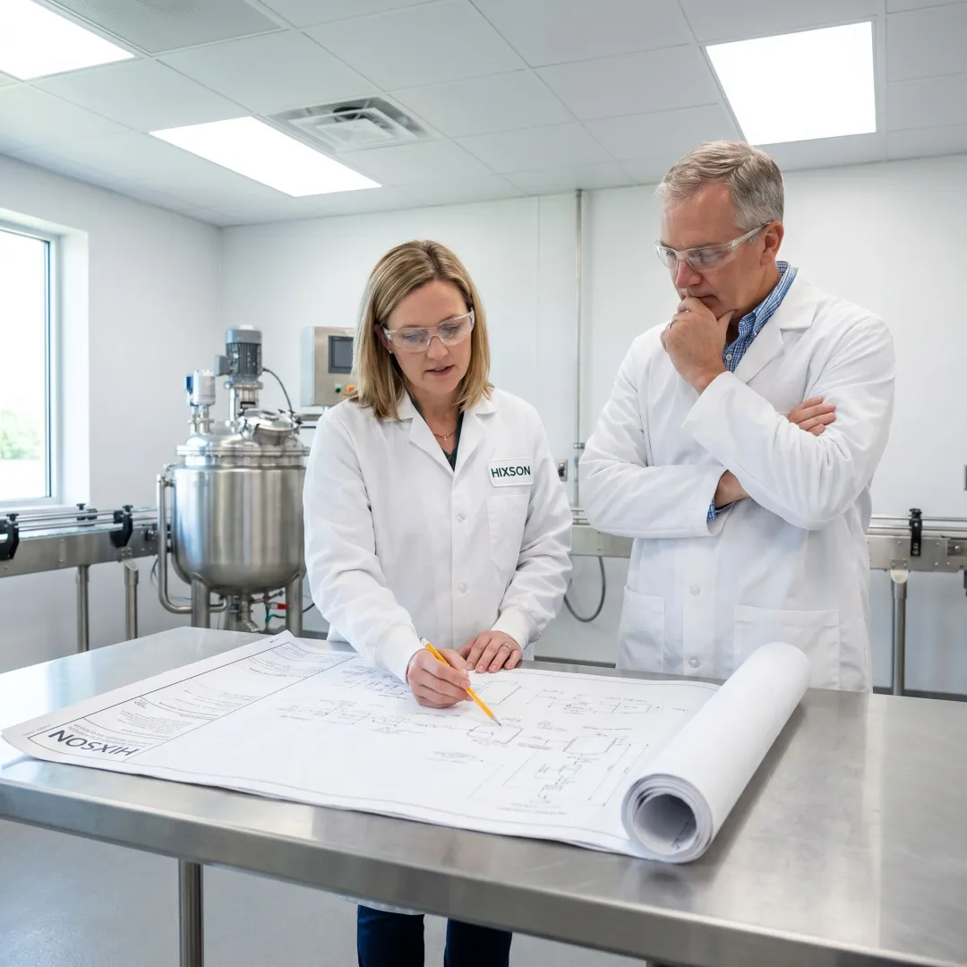 Engineers reviewing pilot plant process drawings