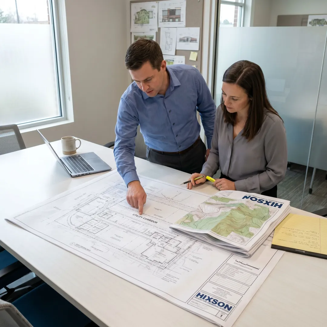 Manufacturing site selection team reviewing industrial property plans