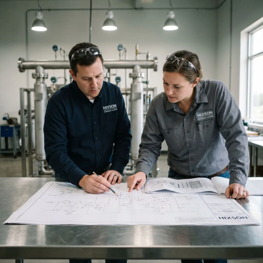 Engineer reviewing industrial water treatment system plans