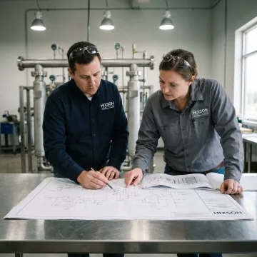 Engineer reviewing industrial water treatment system plans