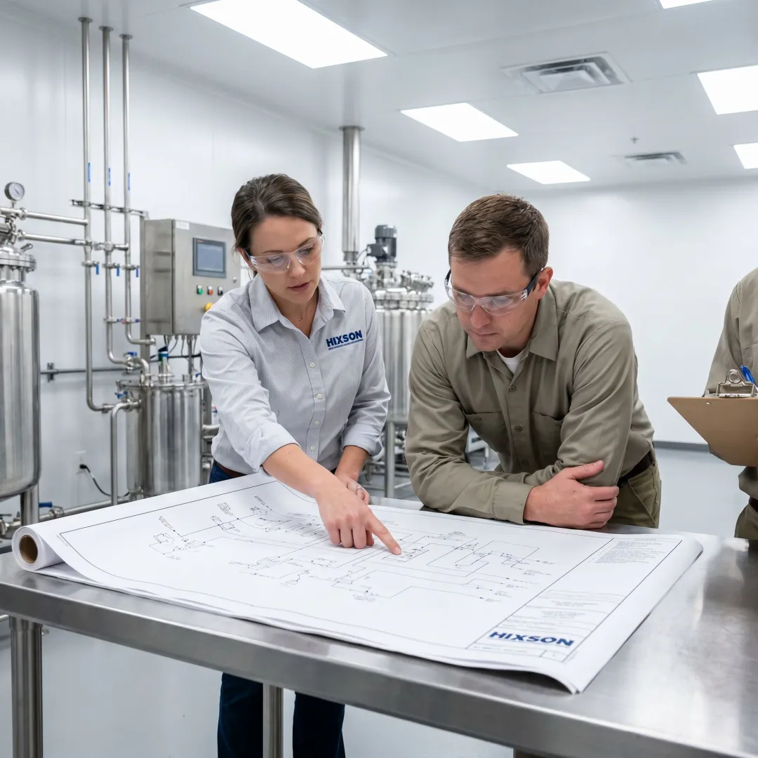 Engineers reviewing GMP process designs in a clean manufacturing facility