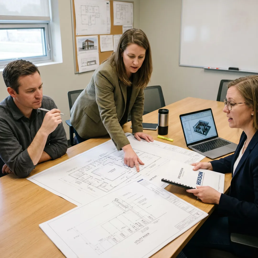 Engineering team reviewing biotech facility plans