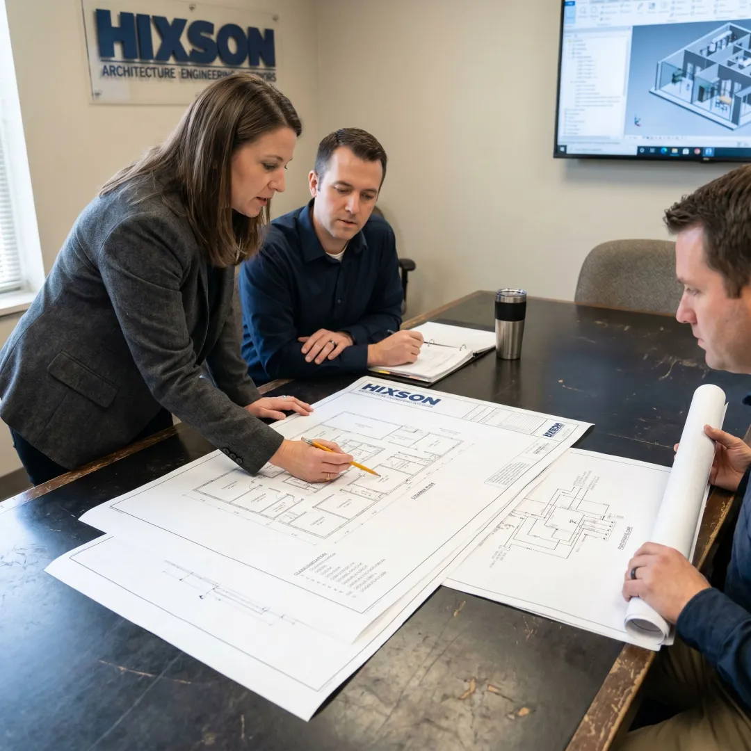 Engineers reviewing pharmaceutical facility plans