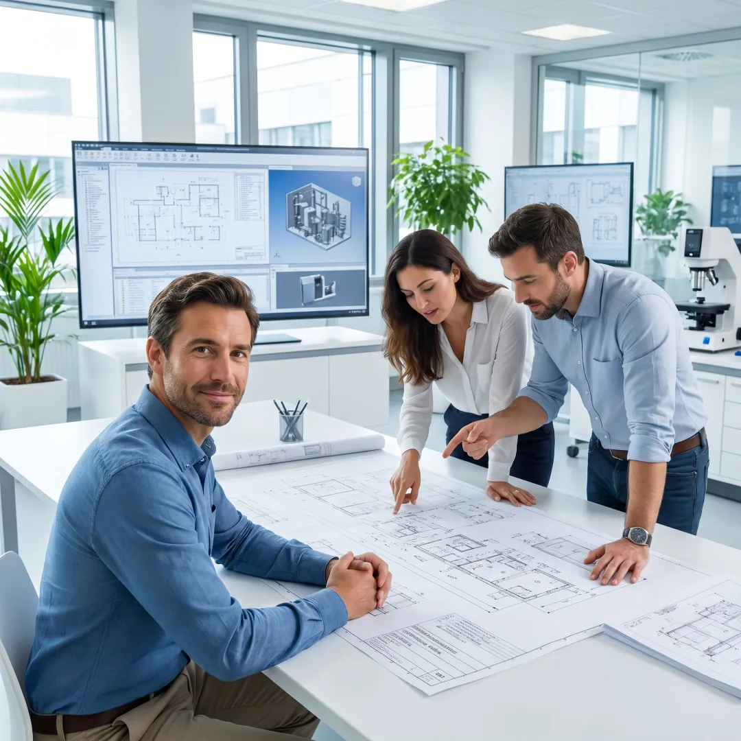 Biotech engineering team reviewing facility plans