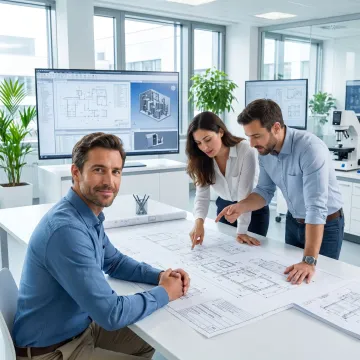 Biotech engineering team reviewing facility plans