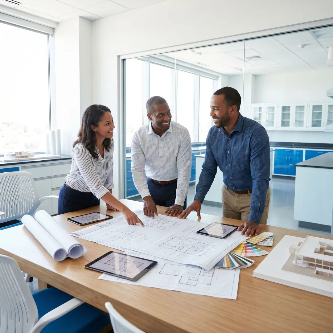 Modern life sciences facility design team reviewing plans