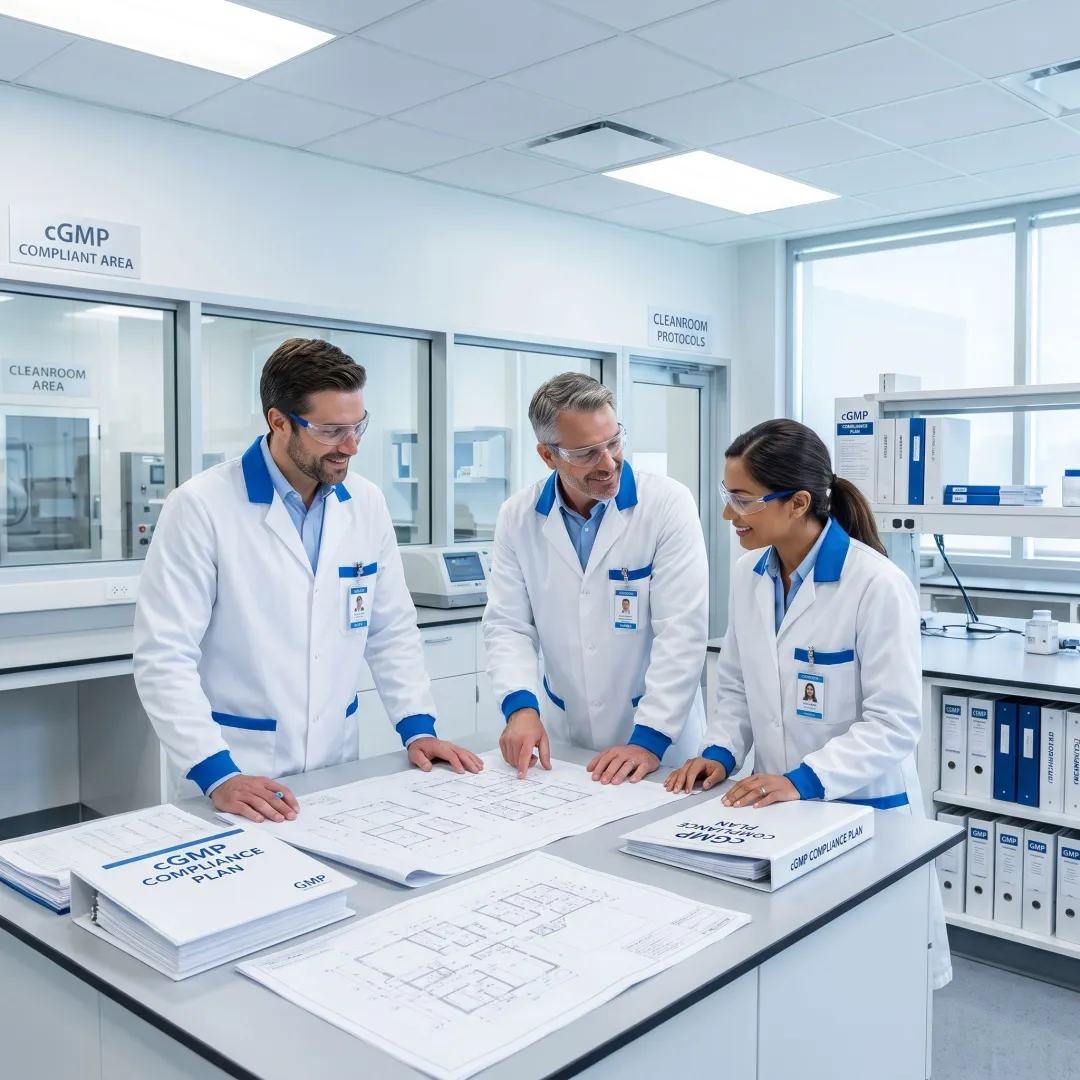Biotech facility design team reviewing plans