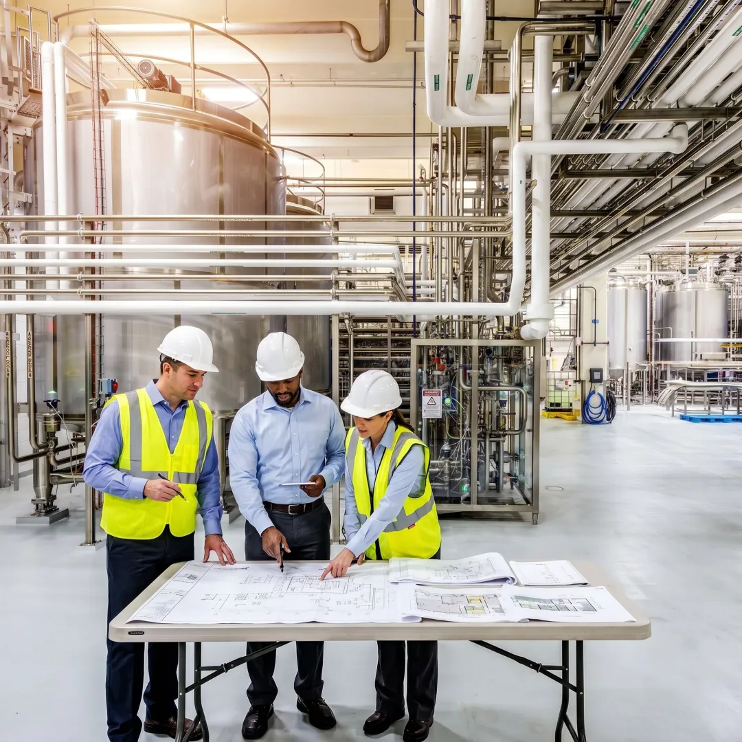 Engineers reviewing a dairy plant design