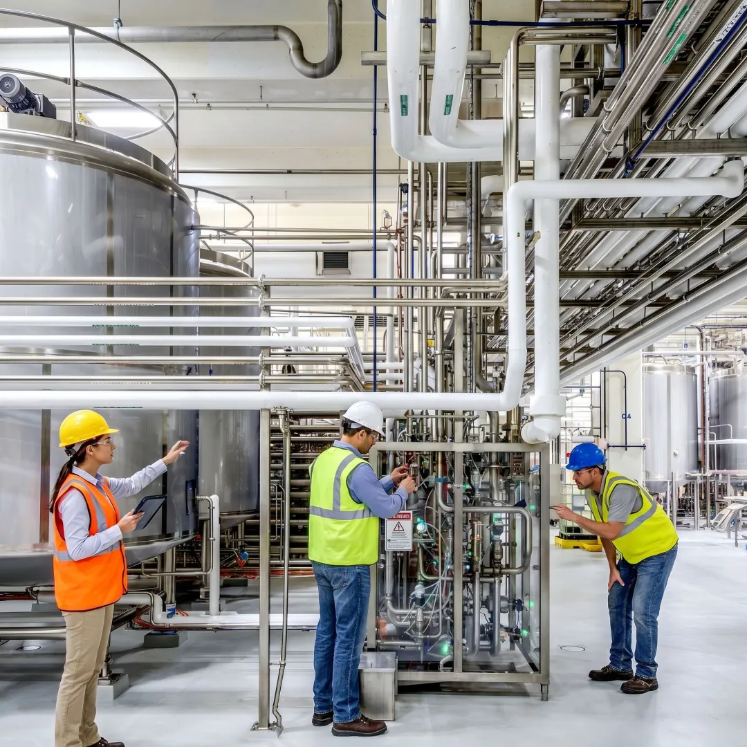 Engineers reviewing an industrial water treatment system