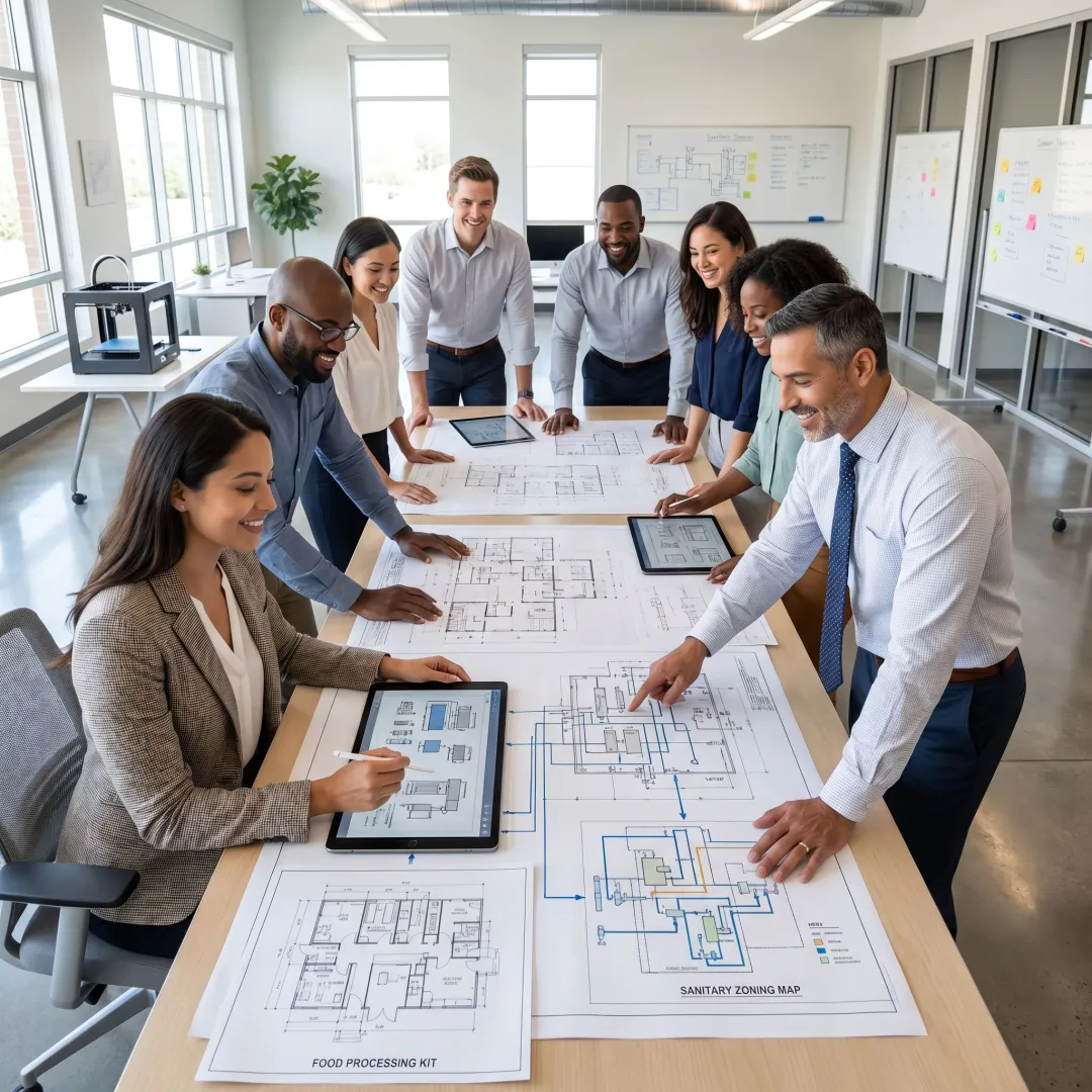Engineers planning a hygienic food processing facility layout