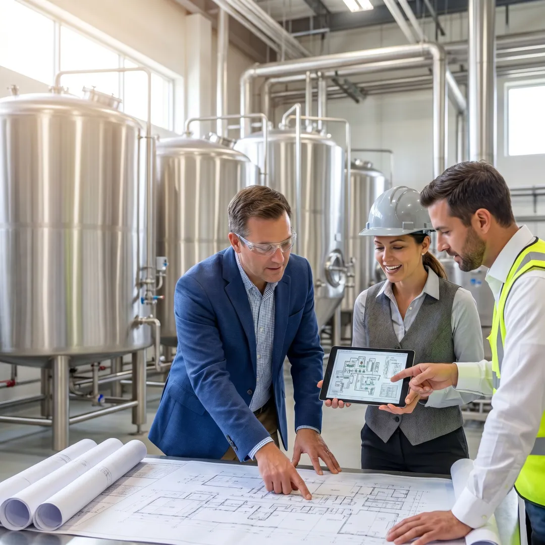 Food processing engineering team reviewing plant plans