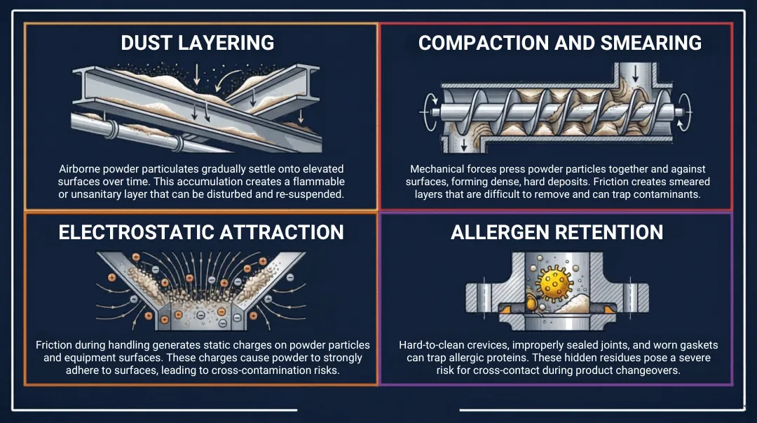 Four powder contamination mechanisms dust compaction electrostatic allergen retention infographic