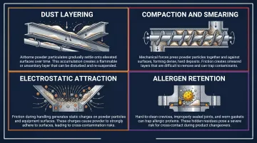 Four powder contamination mechanisms dust compaction electrostatic allergen retention infographic