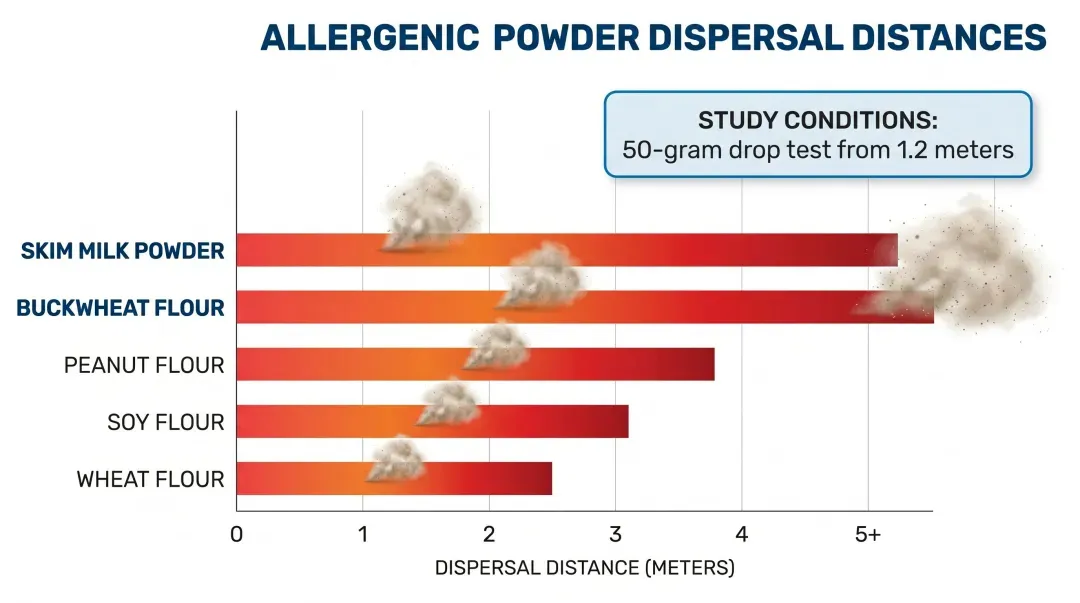 Allergenic powder dispersal distance comparison infographic for five powder types