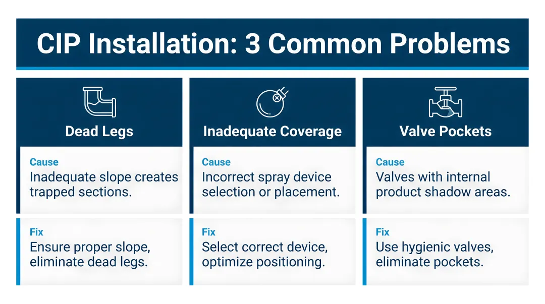 Three common CIP installation problems causes and fixes troubleshooting infographic