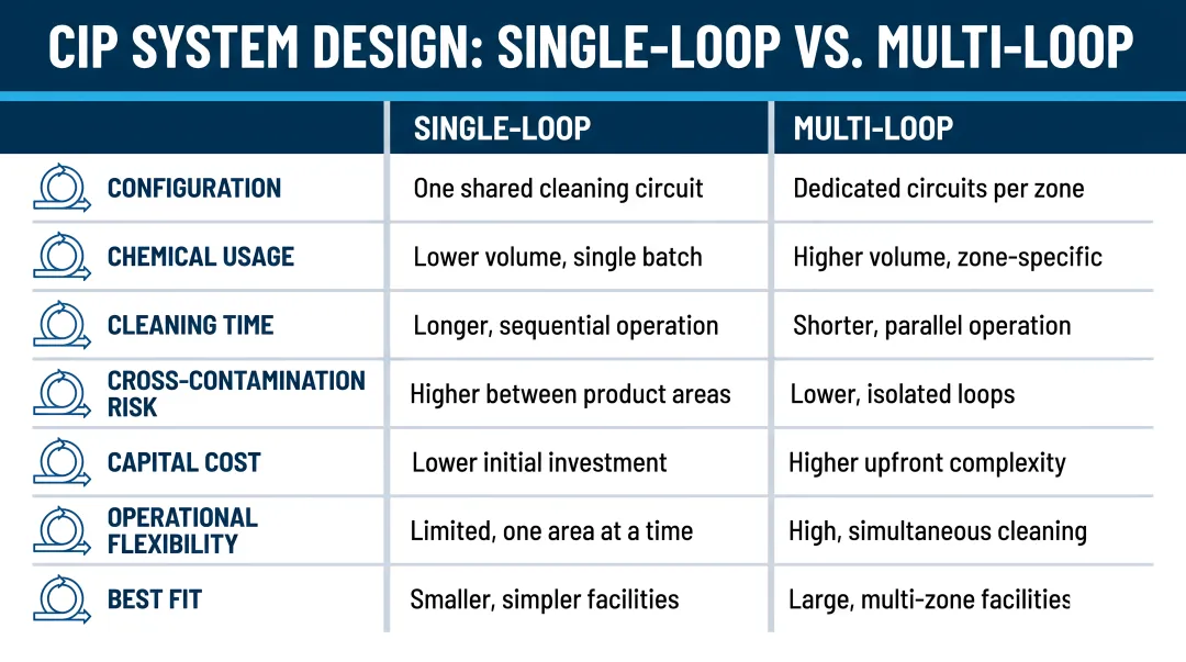 Single-loop versus multi-loop CIP system design comparison for food processing facilities