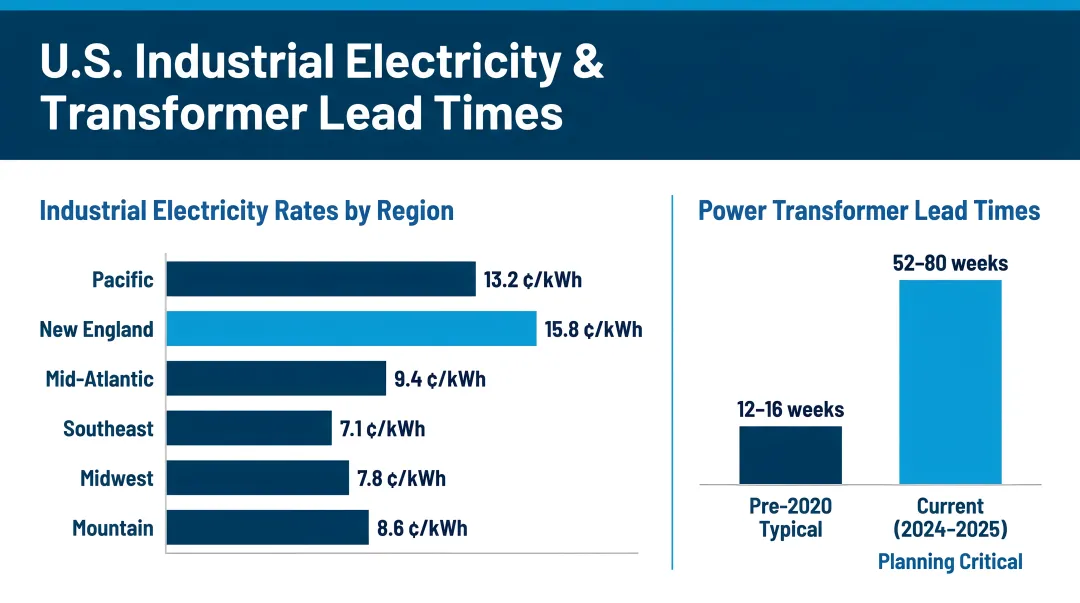 U.S. industrial electricity rate regional variation and transformer lead time comparison chart
