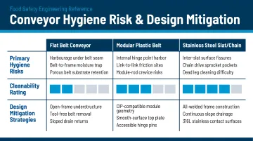 Three conveyor types hygiene risk and design mitigation comparison table infographic