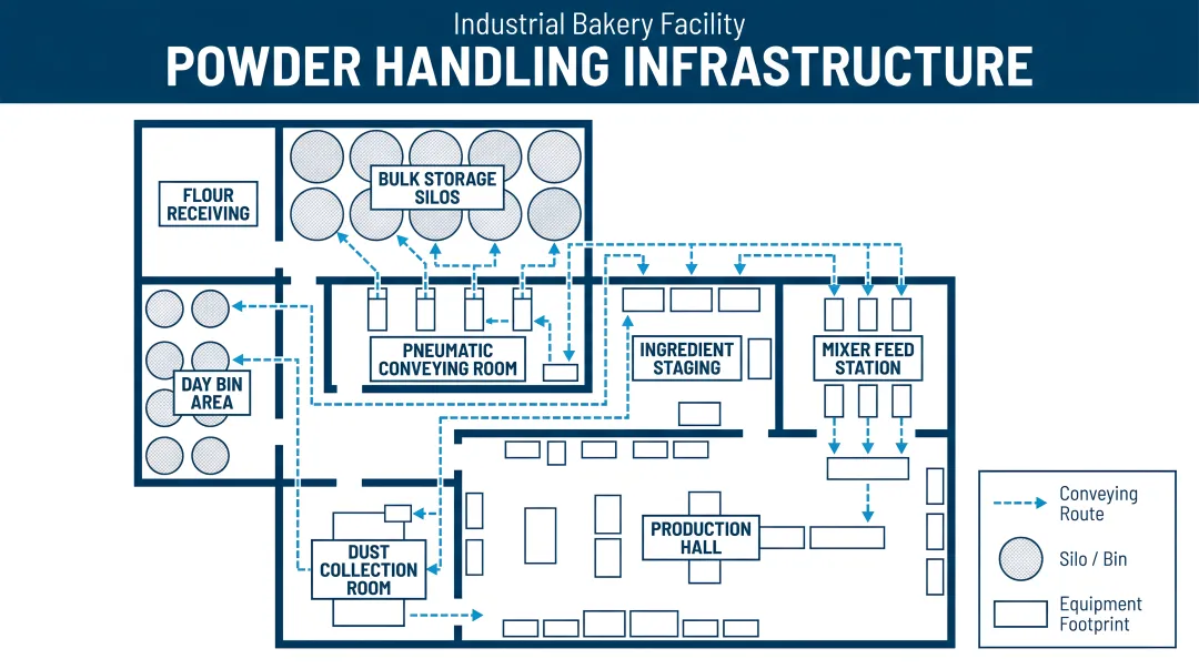 Industrial bakery facility floor plan layout showing powder handling infrastructure and conveying routes