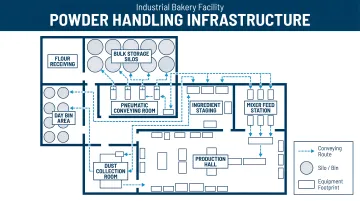 Industrial bakery facility floor plan layout showing powder handling infrastructure and conveying routes