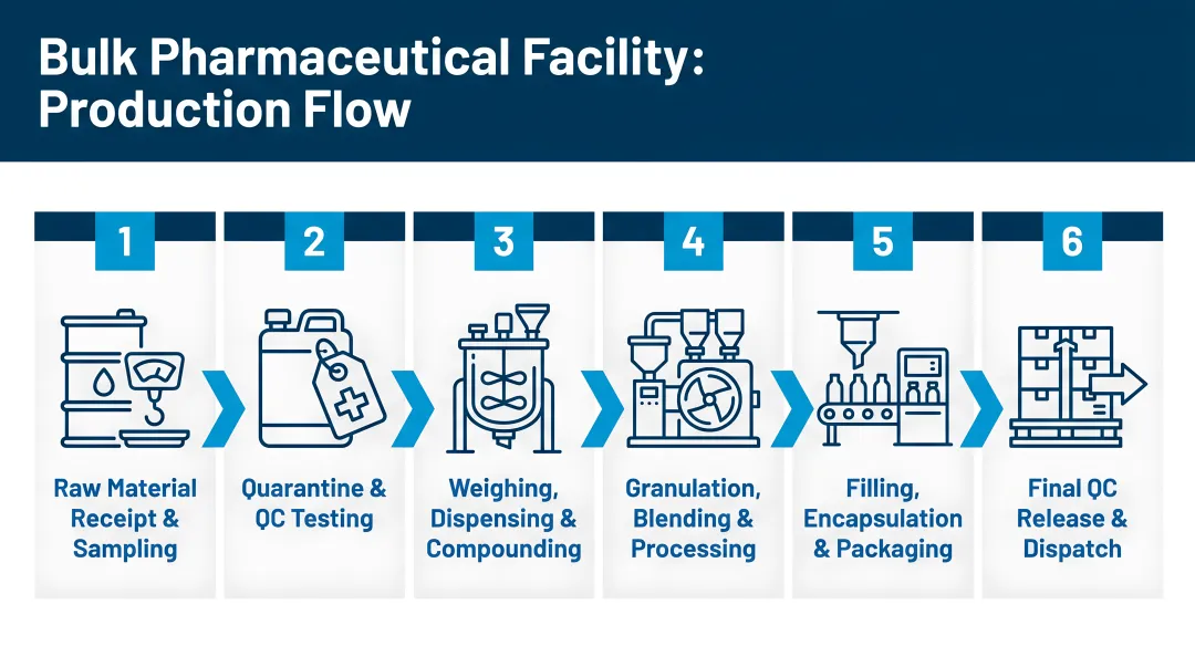 6-step bulk pharmaceutical facility production flow from raw material receipt to dispatch
