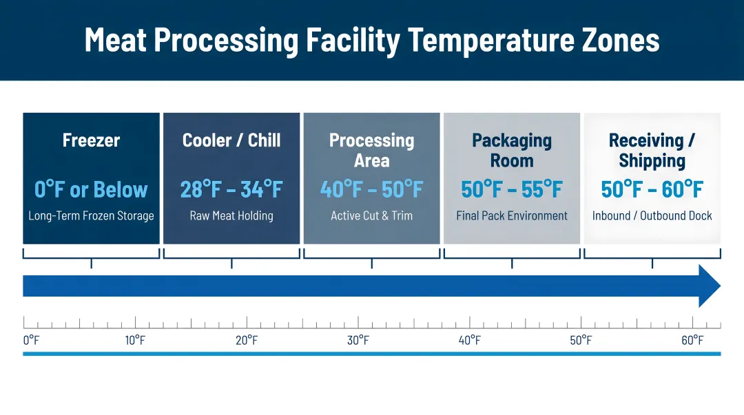 Meat processing facility temperature zone requirements chart from freezer to processing room