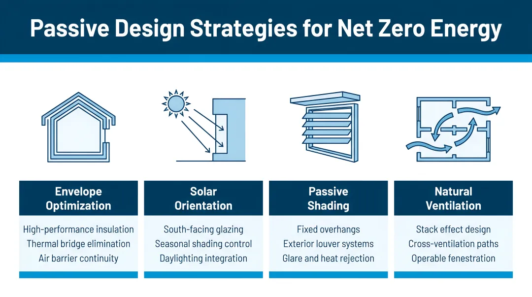 Four passive building design strategies for net zero energy performance infographic