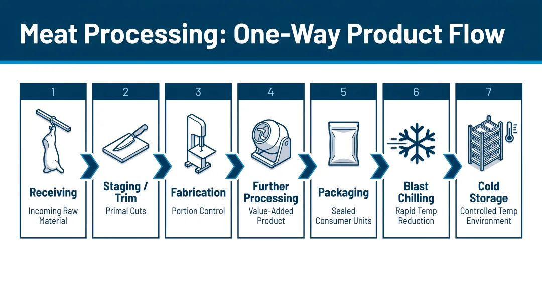 One-way meat processing product flow from receiving through cold storage infographic