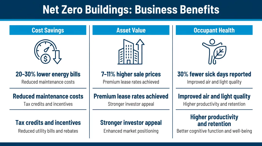 Net zero building business benefits comparison showing cost savings asset value and occupant health gains