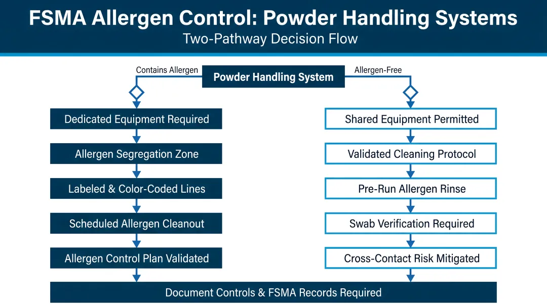 FSMA allergen control two-pathway decision flow for powder handling systems