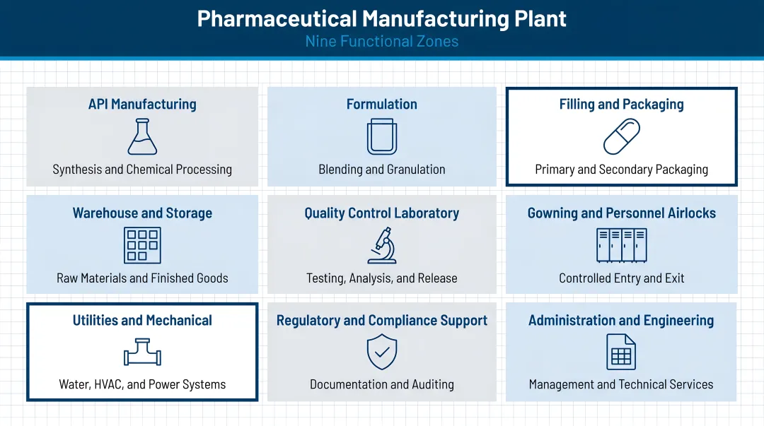 Nine functional zones in pharmaceutical manufacturing plant layout diagram