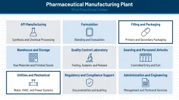 Nine functional zones in pharmaceutical manufacturing plant layout diagram