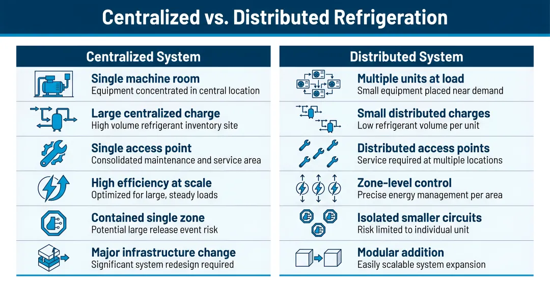 Centralized versus distributed refrigeration system architecture side-by-side comparison infographic