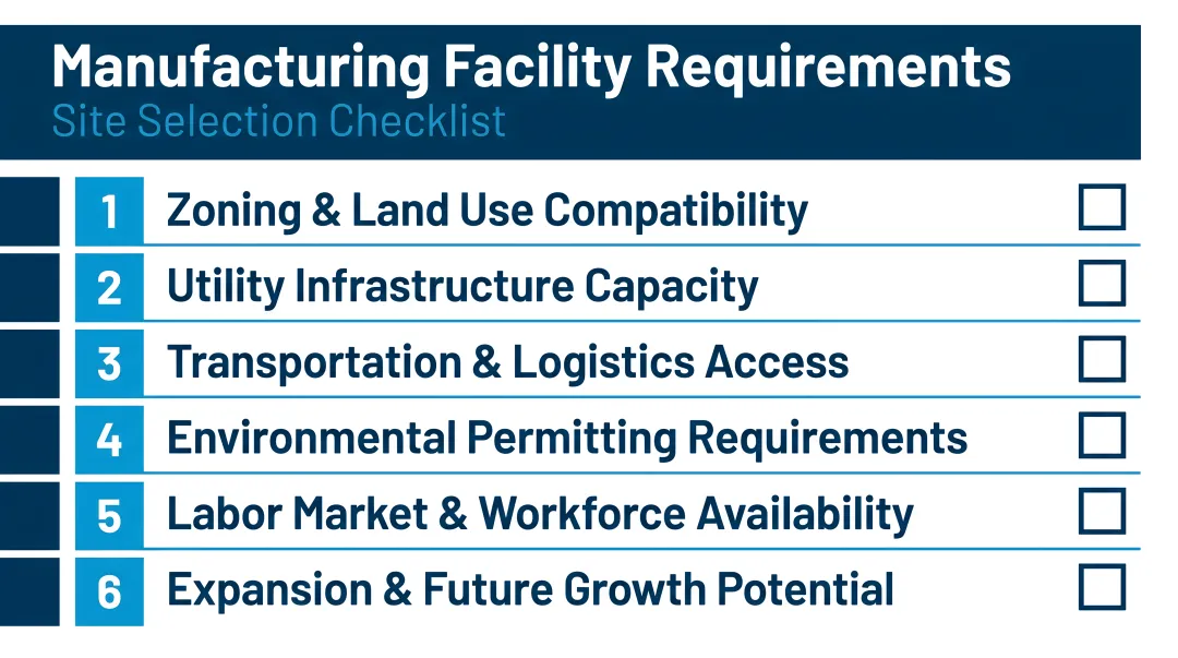 6-point manufacturing facility requirements checklist for site selection planning