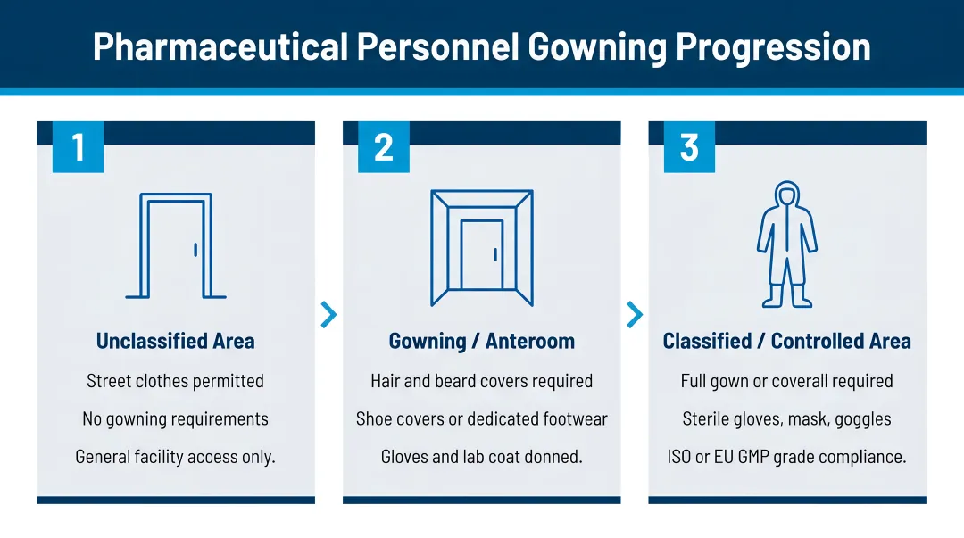 Three-stage pharmaceutical personnel gowning progression from unclassified to classified areas