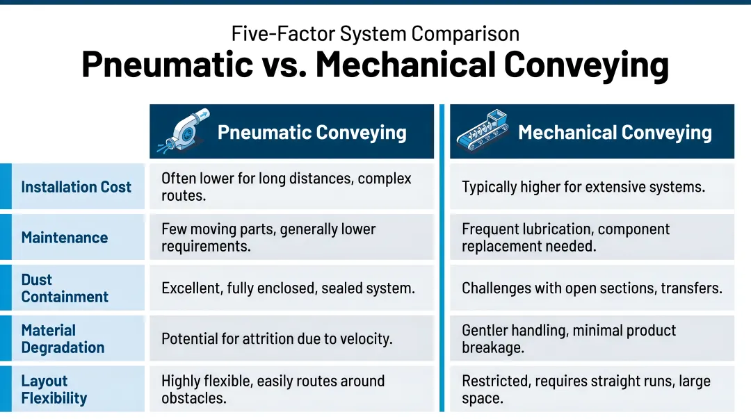 Pneumatic versus mechanical conveying five-factor side-by-side comparison chart