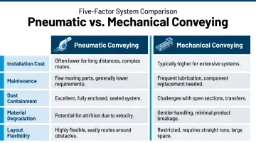 Pneumatic versus mechanical conveying five-factor side-by-side comparison chart