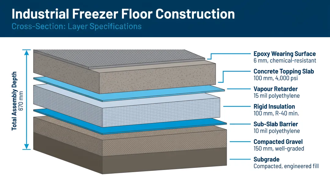 Industrial freezer floor construction layers cross-section diagram with specifications
