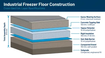 Industrial freezer floor construction layers cross-section diagram with specifications