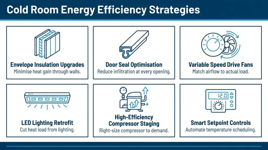 Cold room energy efficiency strategies reducing refrigeration operating costs overview infographic