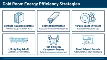Cold room energy efficiency strategies reducing refrigeration operating costs overview infographic