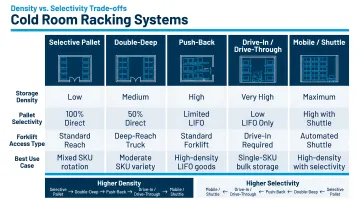 Cold room racking system types comparison with density and selectivity trade-offs