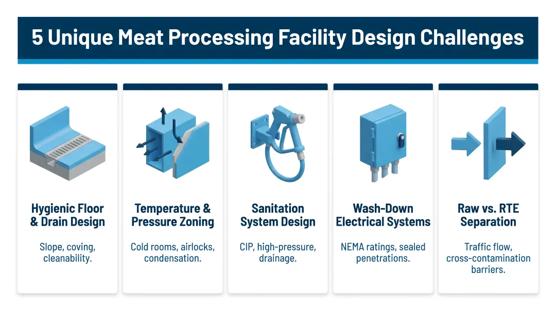 Five unique meat processing facility design challenges infographic with icons