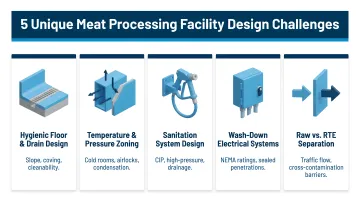 Five unique meat processing facility design challenges infographic with icons