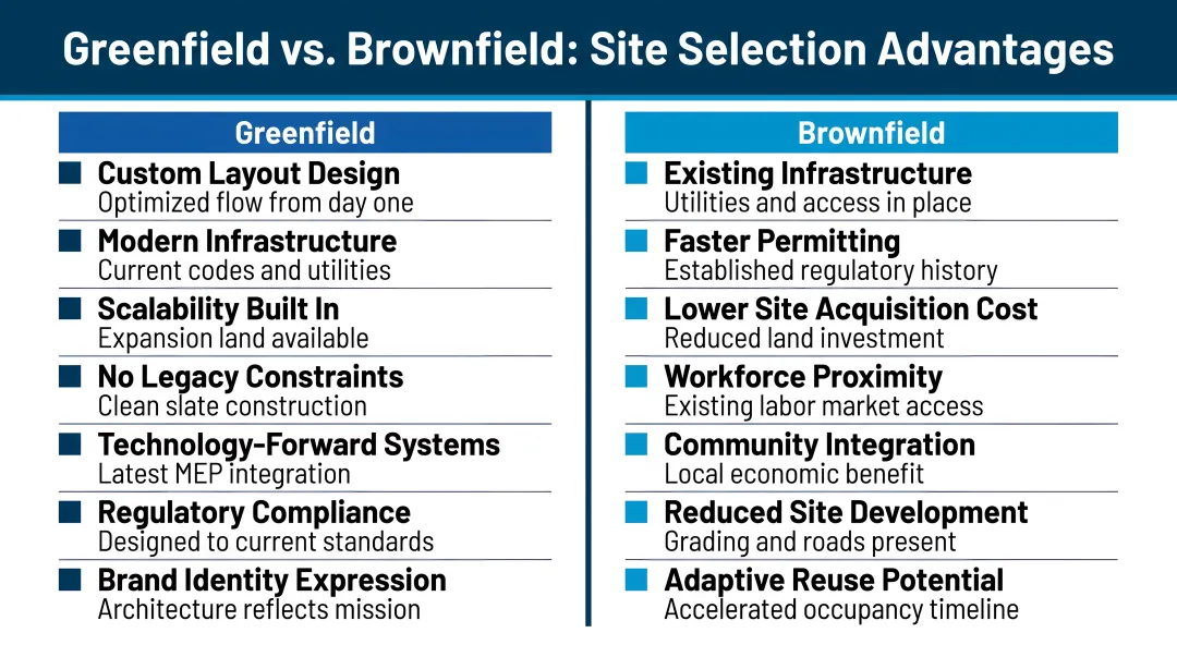 Greenfield versus brownfield manufacturing site side-by-side advantages comparison infographic