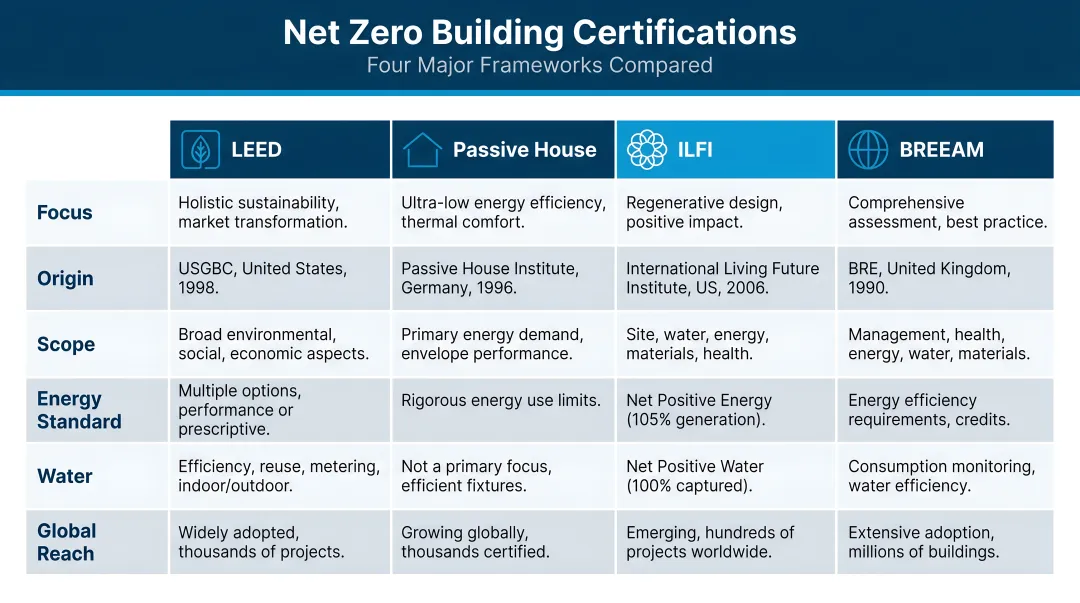 Four major net zero building certification frameworks comparison LEED Passive House ILFI BREEAM